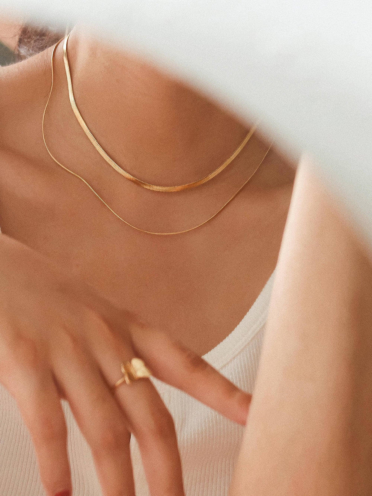 Jean 18K Gold Non-Tarnish Layered Flat Snake Chain Necklace